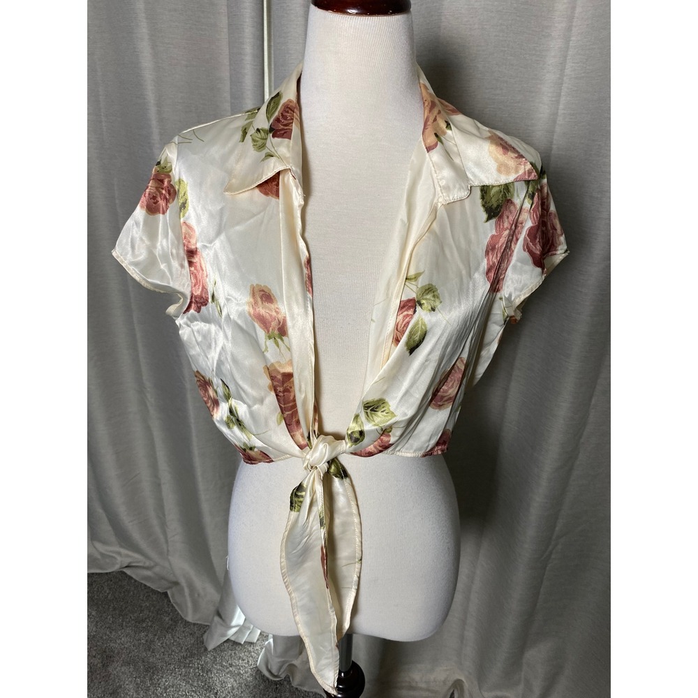Vintage Wanted Satin Floral Tie Front Crop Top 90s Y2K Rose Print Blouse Cream